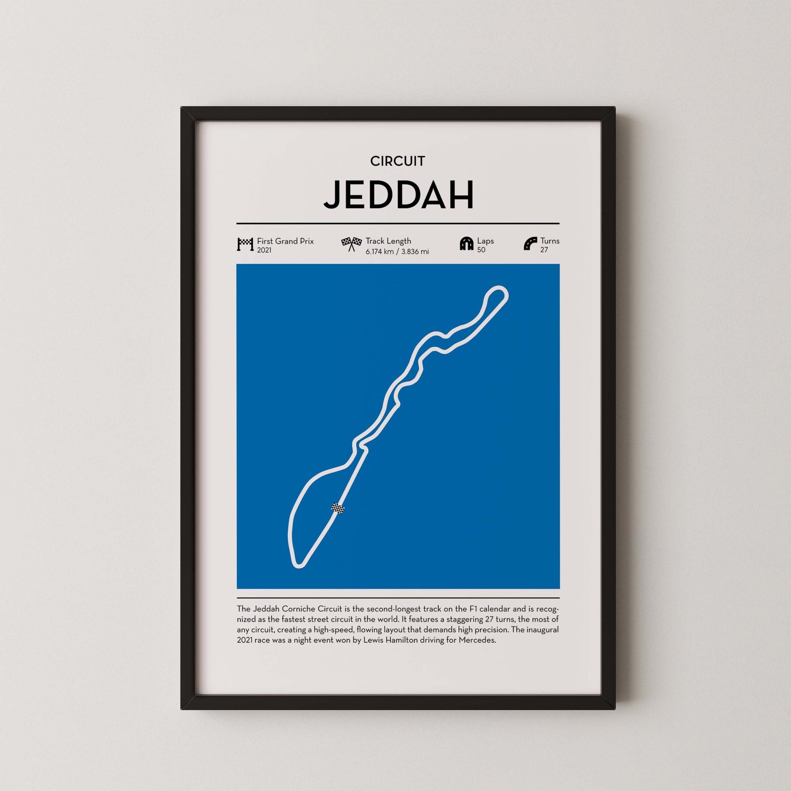 Blue Jeddah Formula 1 track map artwork designed for racing and motorsport enthusiasts