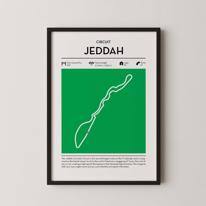 Jeddah corniche Formula 1 circuit map poster in red color minimalist racing wall art