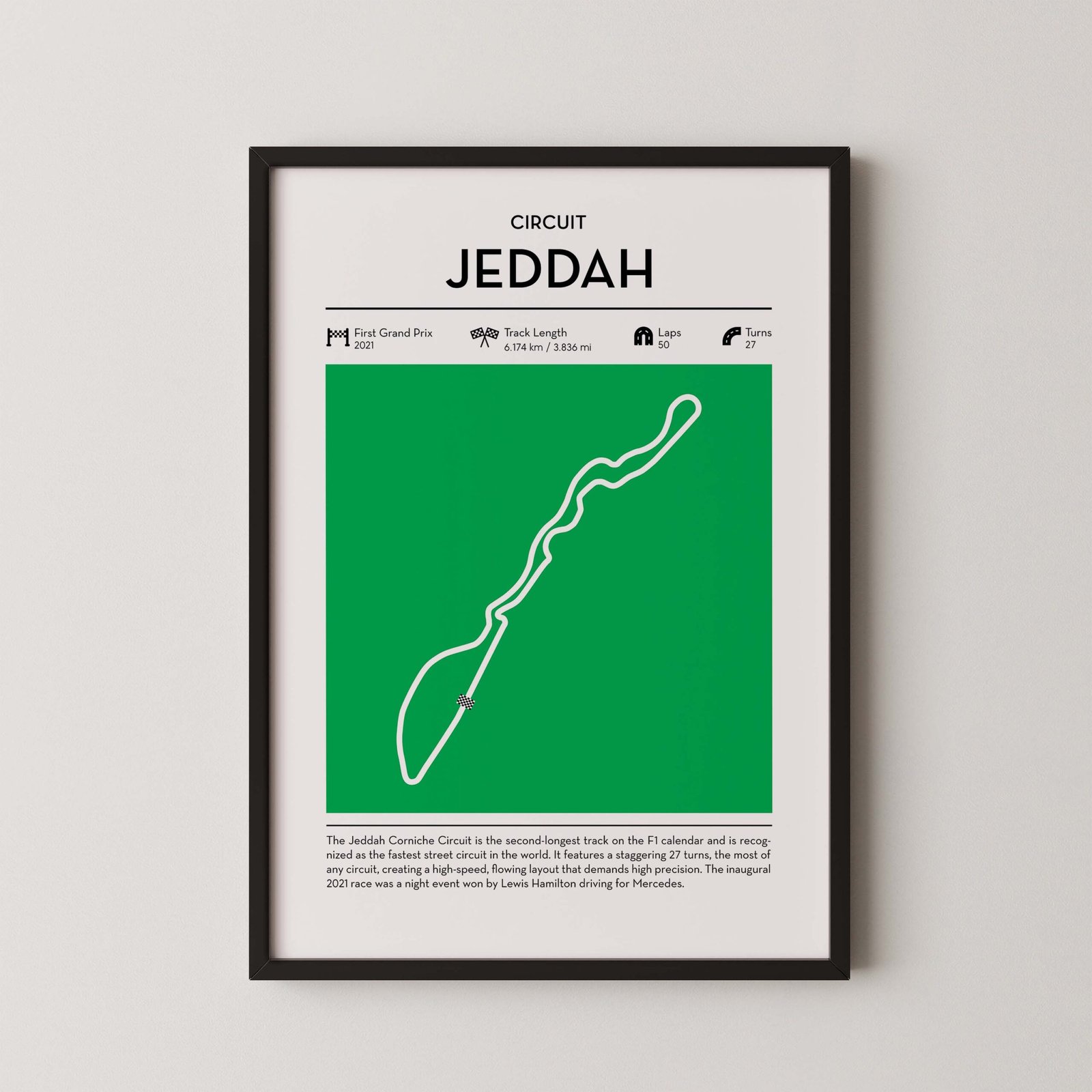 Jeddah corniche Formula 1 circuit map poster in red color minimalist racing wall art