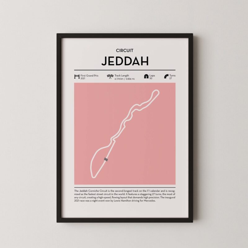 Minimal Jeddah F1 track layout poster for motorsport and racing fans