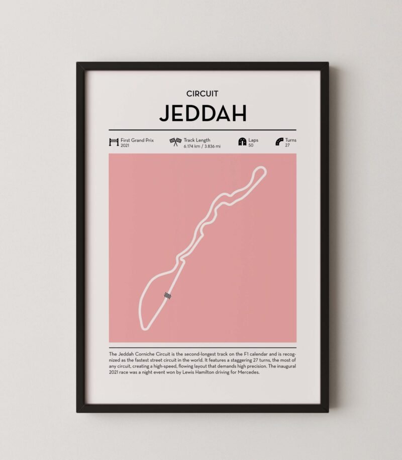 Minimal Jeddah F1 track layout poster for motorsport and racing fans