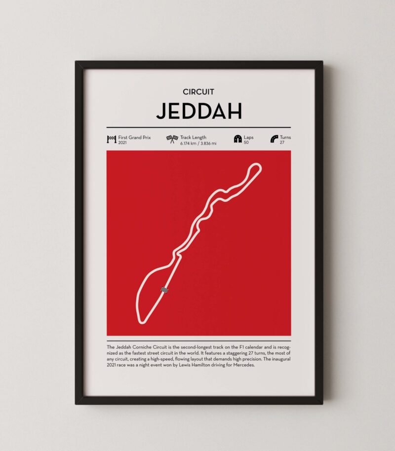 Jeddah corniche racing circuit wall art featuring a clean and modern F1 track map layout