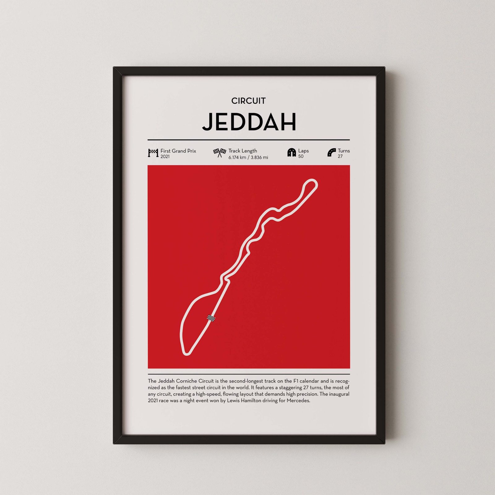 Jeddah corniche racing circuit wall art featuring a clean and modern F1 track map layout