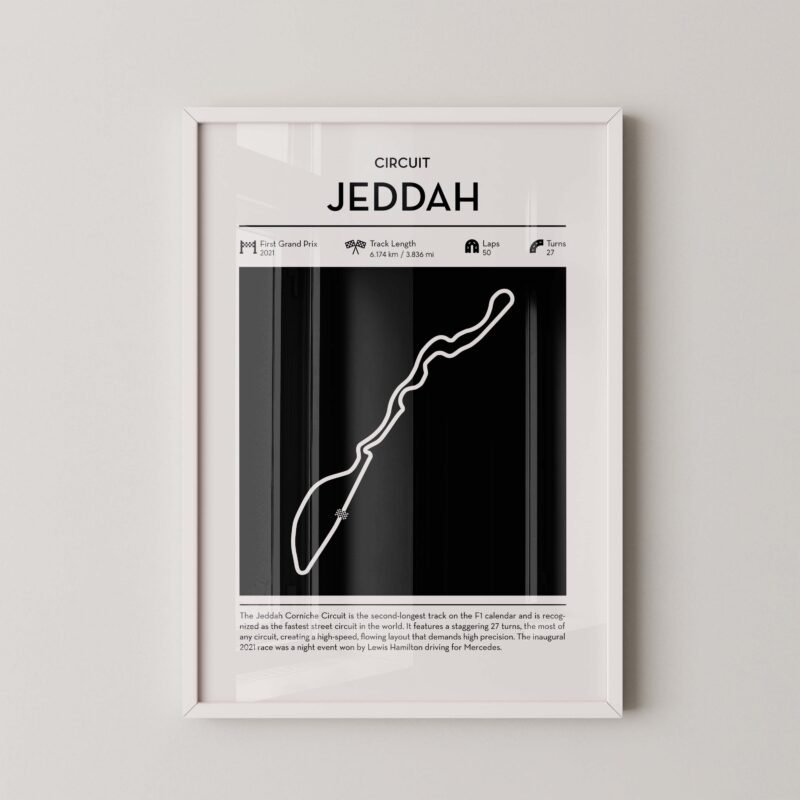 Modern Saudi Arabian circuit poster with minimalist Formula 1 track design