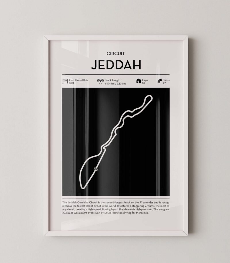 Modern Saudi Arabian circuit poster with minimalist Formula 1 track design