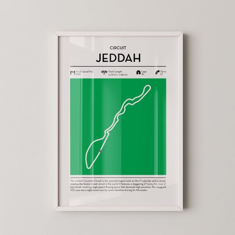 Jeddah corniche Formula 1 circuit map poster in red color minimalist racing wall art