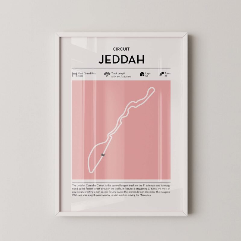 Minimal Jeddah F1 track layout poster for motorsport and racing fans