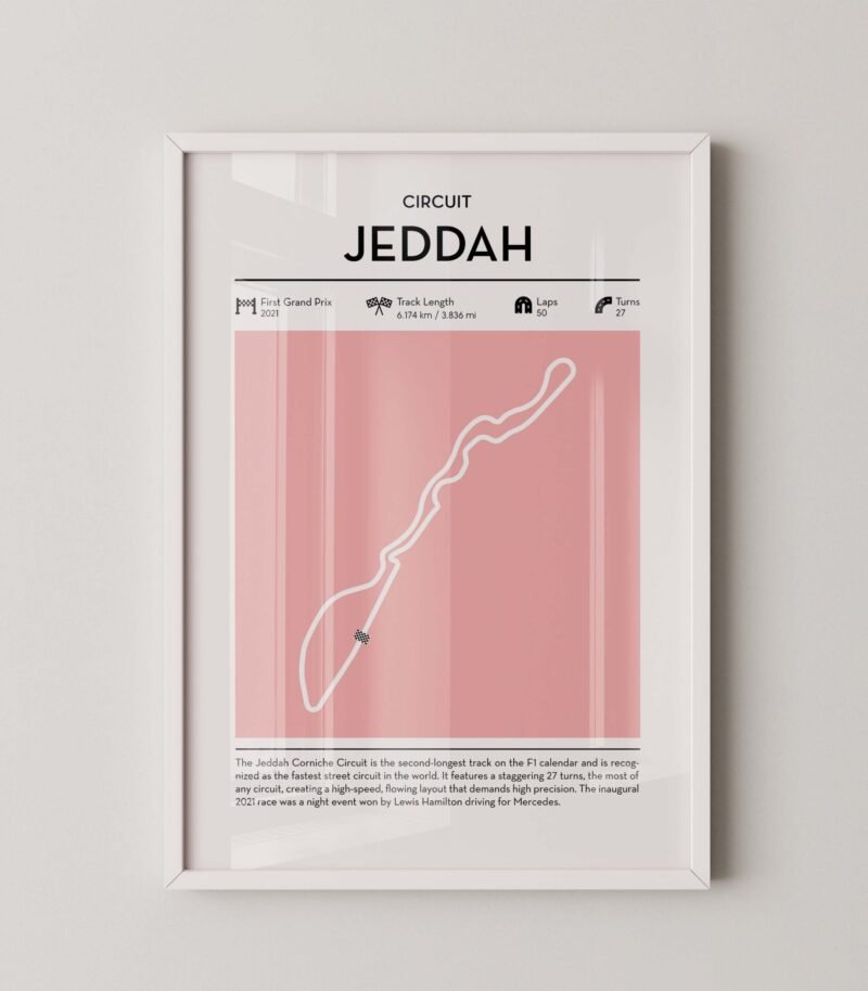 Minimal Jeddah F1 track layout poster for motorsport and racing fans