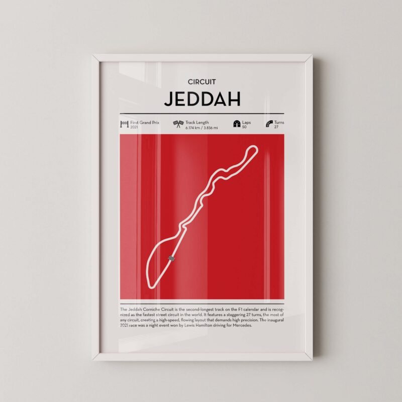 Jeddah corniche racing circuit wall art featuring a clean and modern F1 track map layout