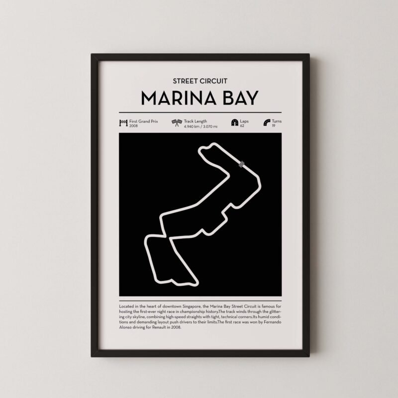 minimal marina bay F1 track layout poster for motorsport and racing fans
