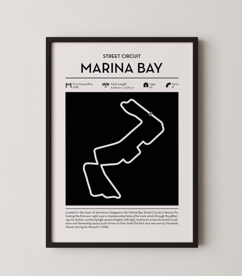 minimal marina bay F1 track layout poster for motorsport and racing fans