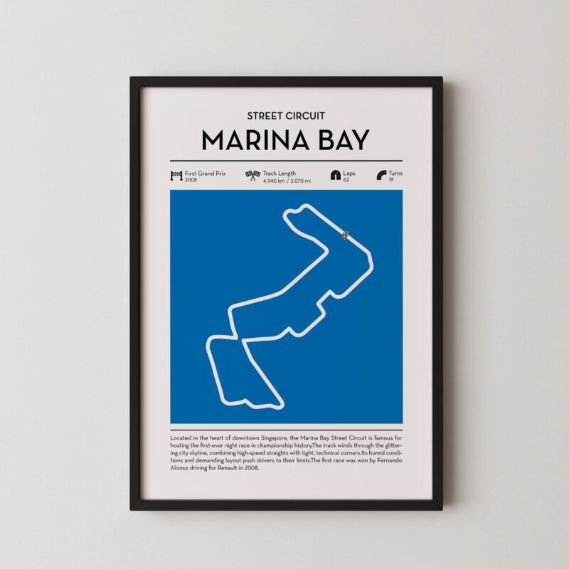 Marina Bay racing circuit wall art featuring a clean and modern F1 track map layout