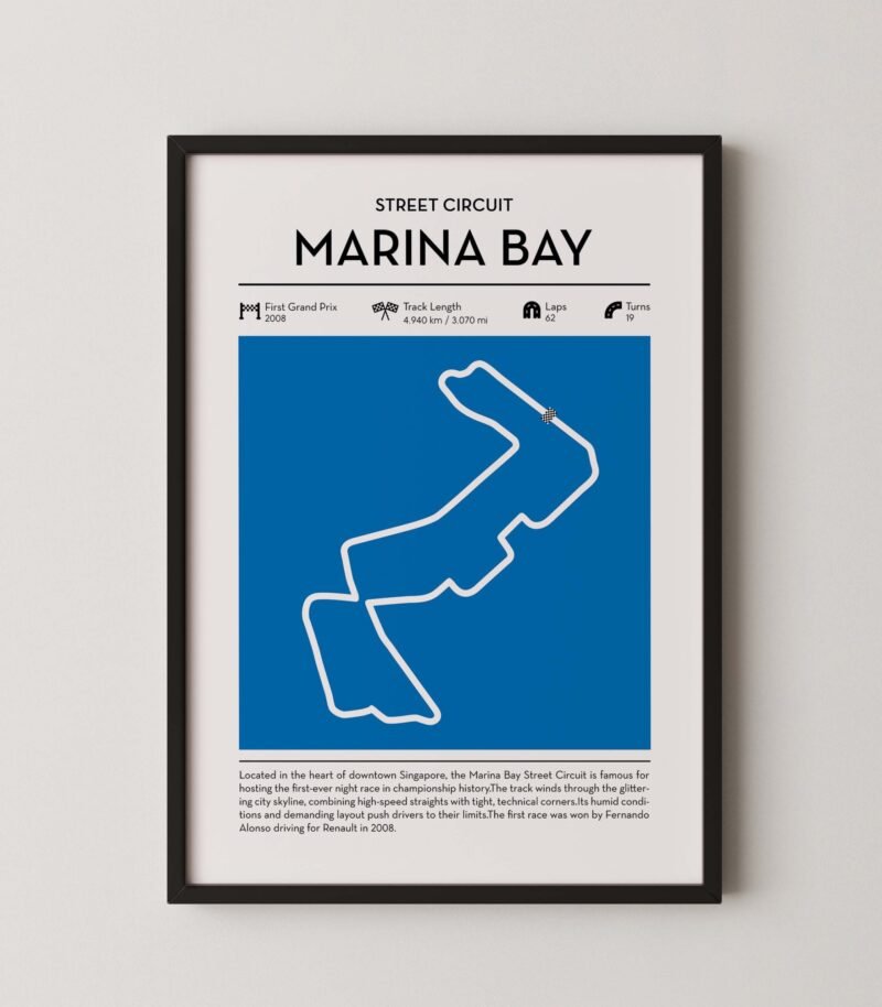 Marina Bay racing circuit wall art featuring a clean and modern F1 track map layout