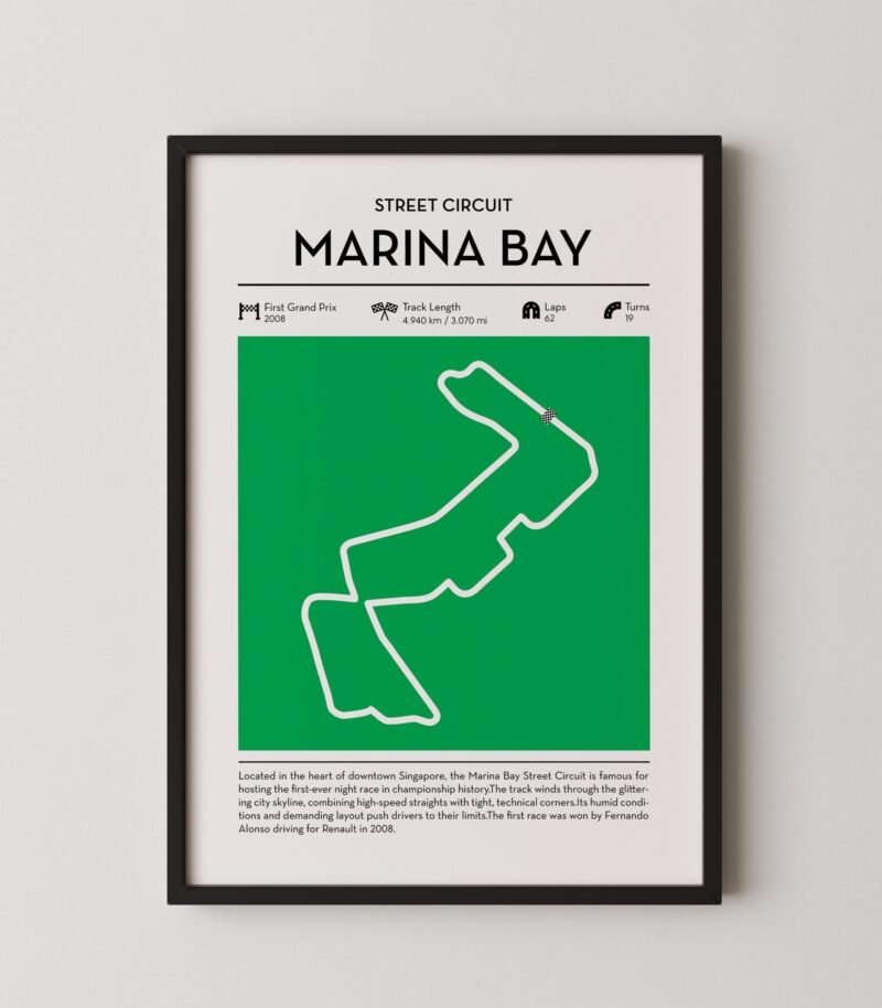 Green Marina Bay Formula 1 track map artwork designed for racing and motorsport enthusiasts