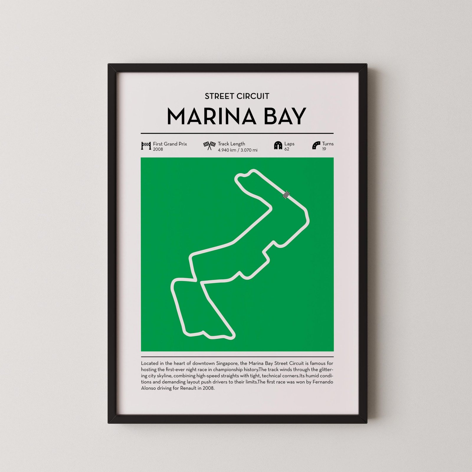 Green Marina Bay Formula 1 track map artwork designed for racing and motorsport enthusiasts