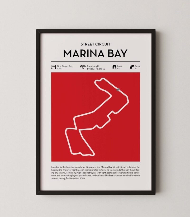 marina bay Formula 1 circuit map poster in red color minimalist racing wall art
