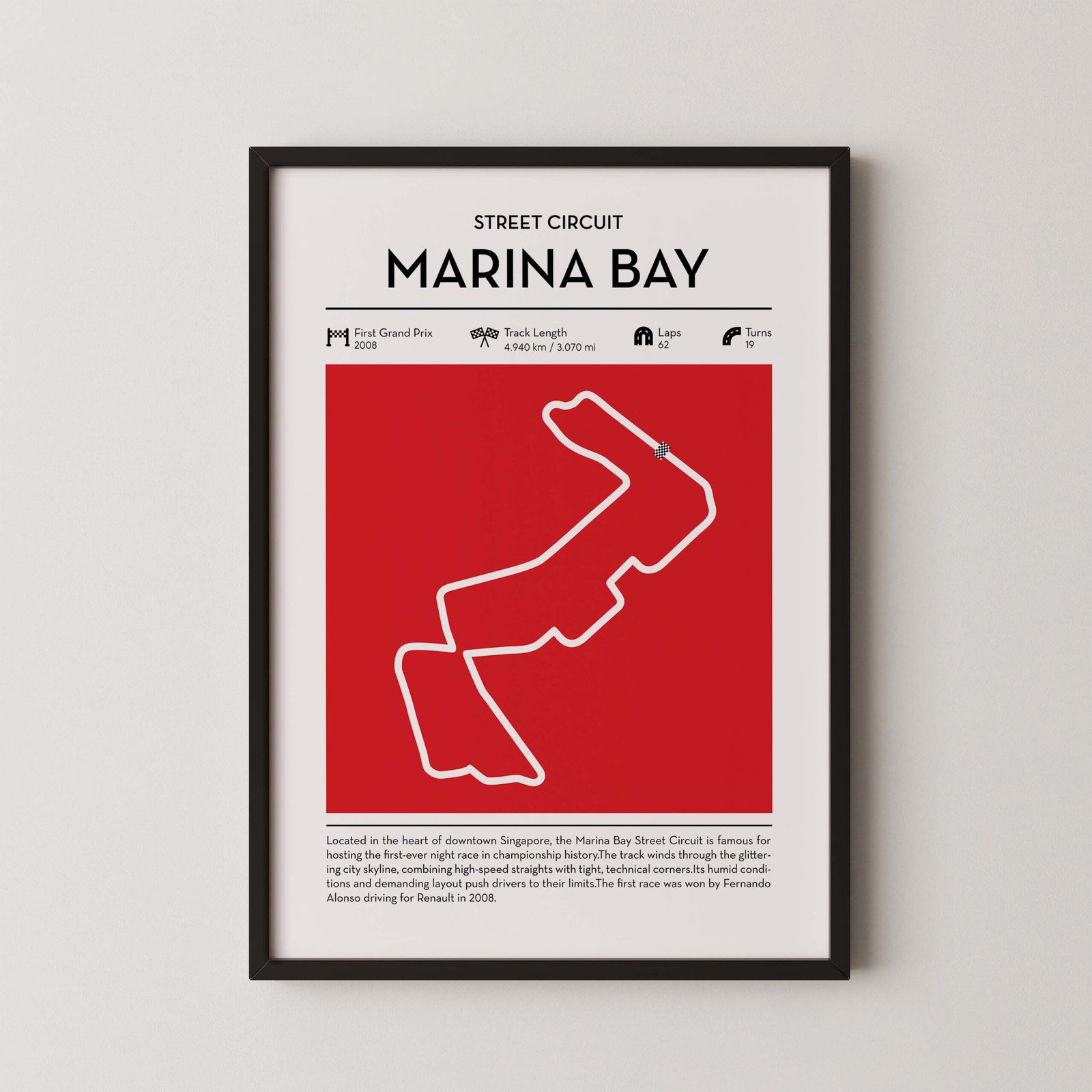 marina bay Formula 1 circuit map poster in red color minimalist racing wall art