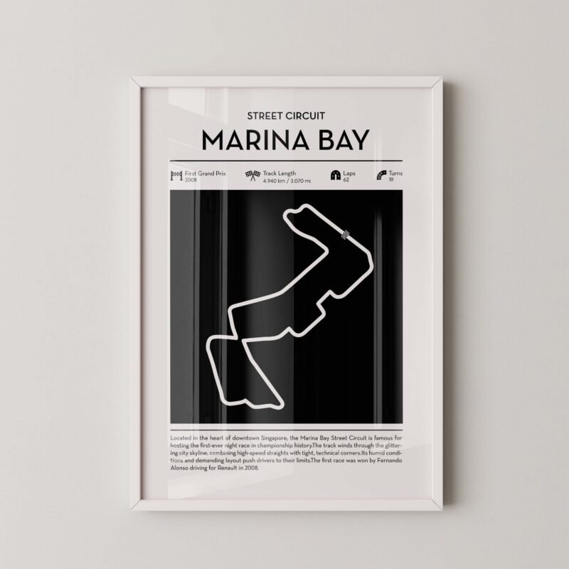 minimal marina bay F1 track layout poster for motorsport and racing fans