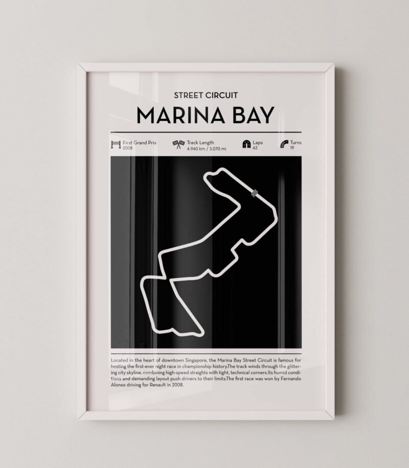 minimal marina bay F1 track layout poster for motorsport and racing fans