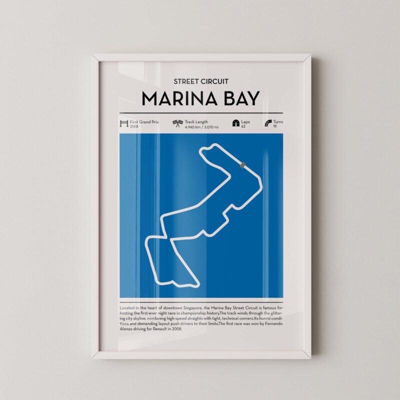 Marina Bay racing circuit wall art featuring a clean and modern F1 track map layout