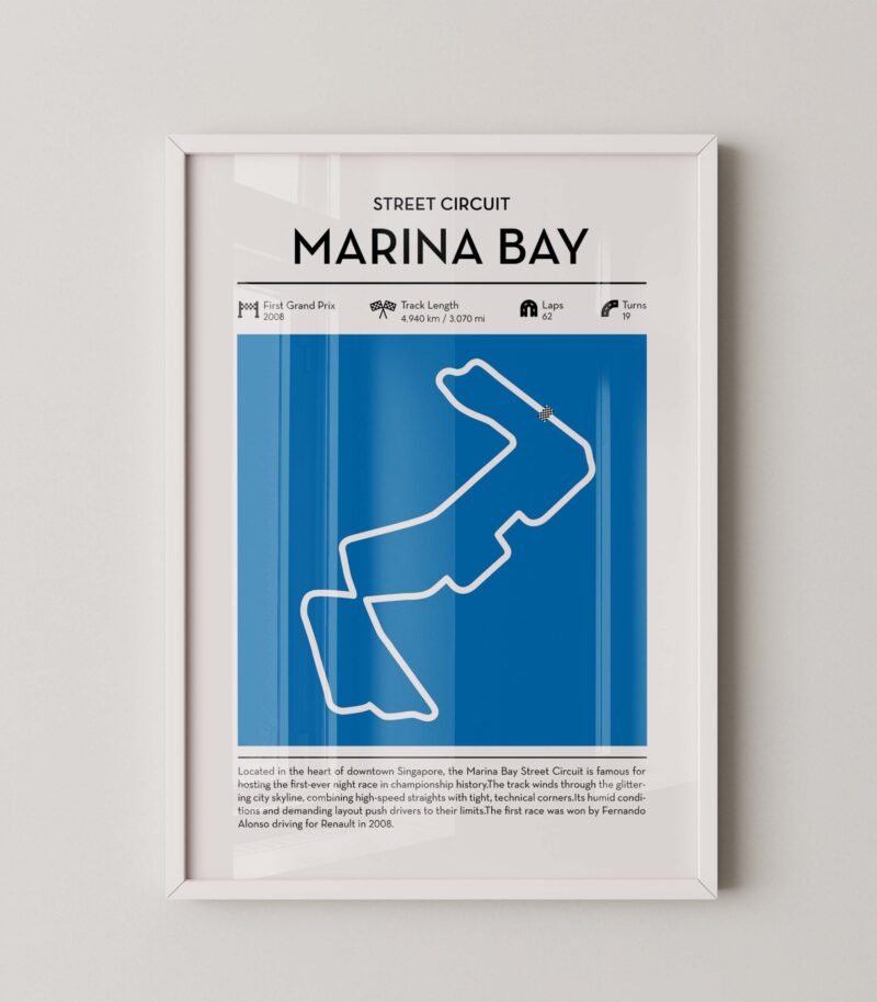 Marina Bay racing circuit wall art featuring a clean and modern F1 track map layout