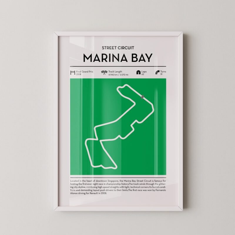 Green Marina Bay Formula 1 track map artwork designed for racing and motorsport enthusiasts