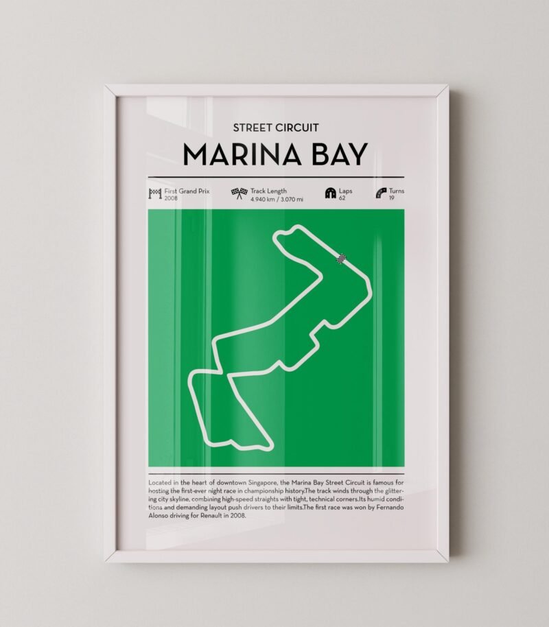 Green Marina Bay Formula 1 track map artwork designed for racing and motorsport enthusiasts