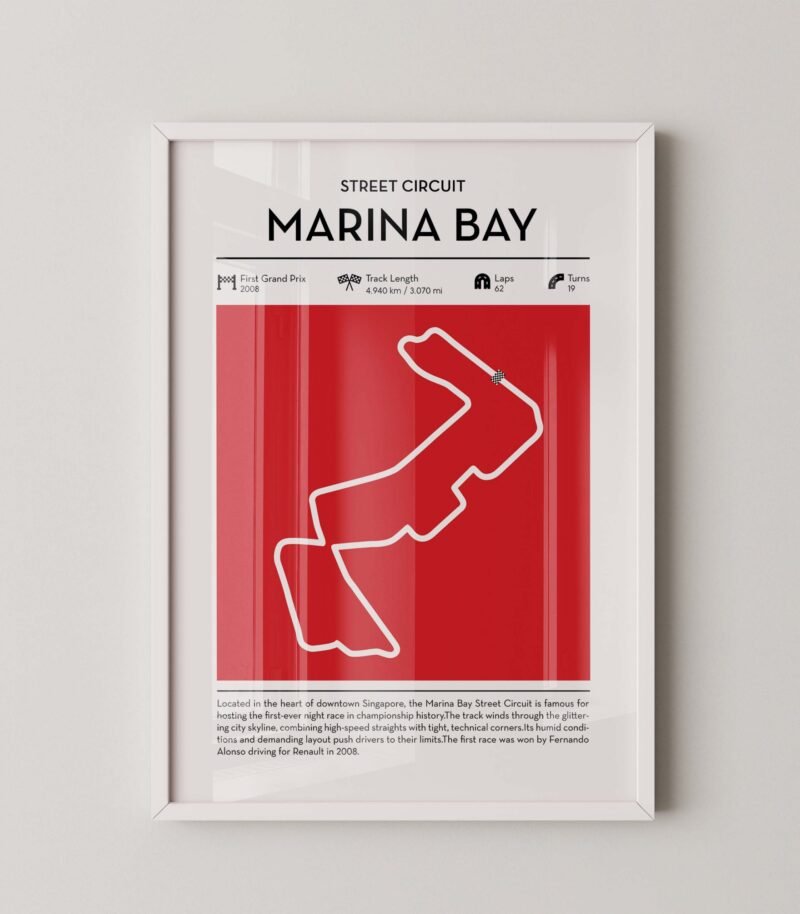 marina bay Formula 1 circuit map poster in red color minimalist racing wall art