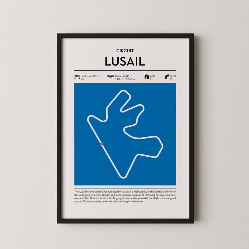 Lusail racing circuit wall art featuring a clean and modern F1 track map layout