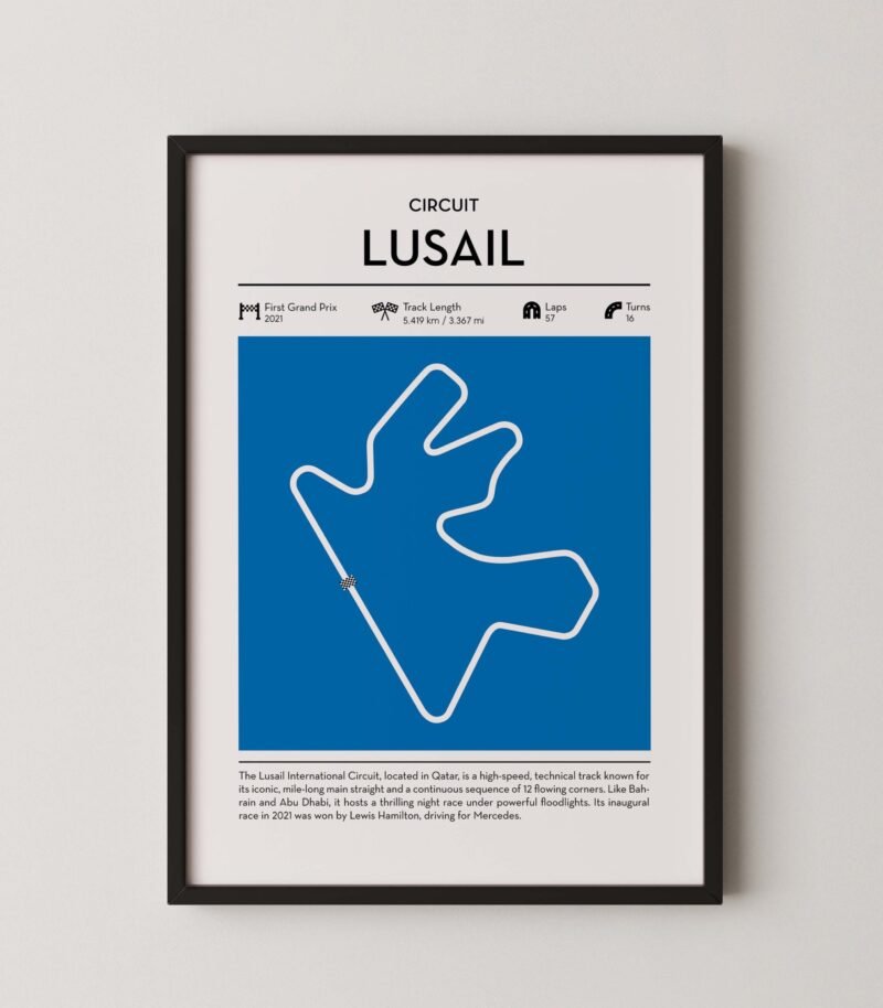 Lusail racing circuit wall art featuring a clean and modern F1 track map layout