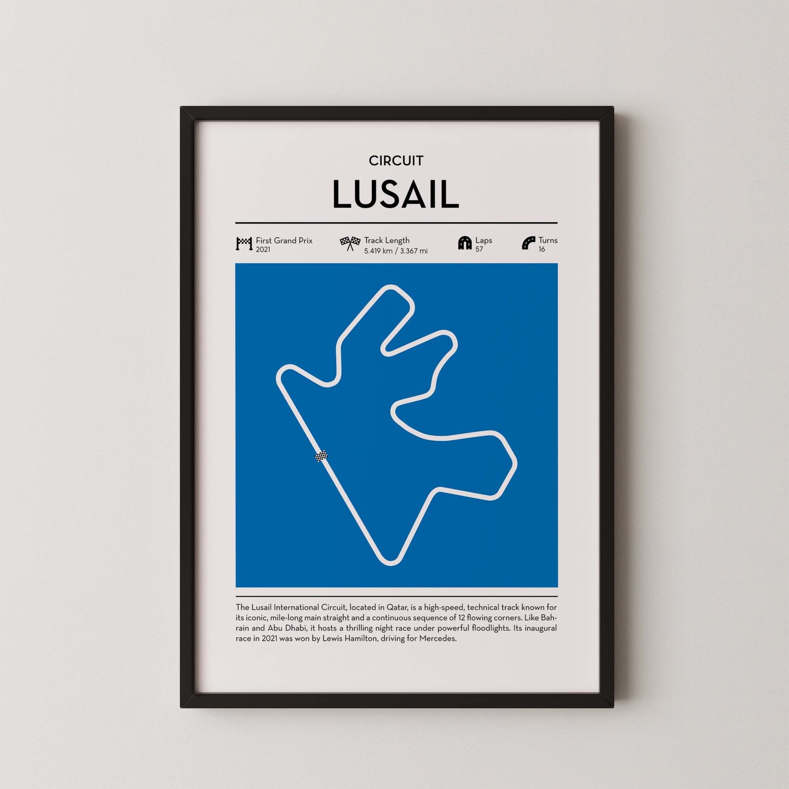 Lusail racing circuit wall art featuring a clean and modern F1 track map layout