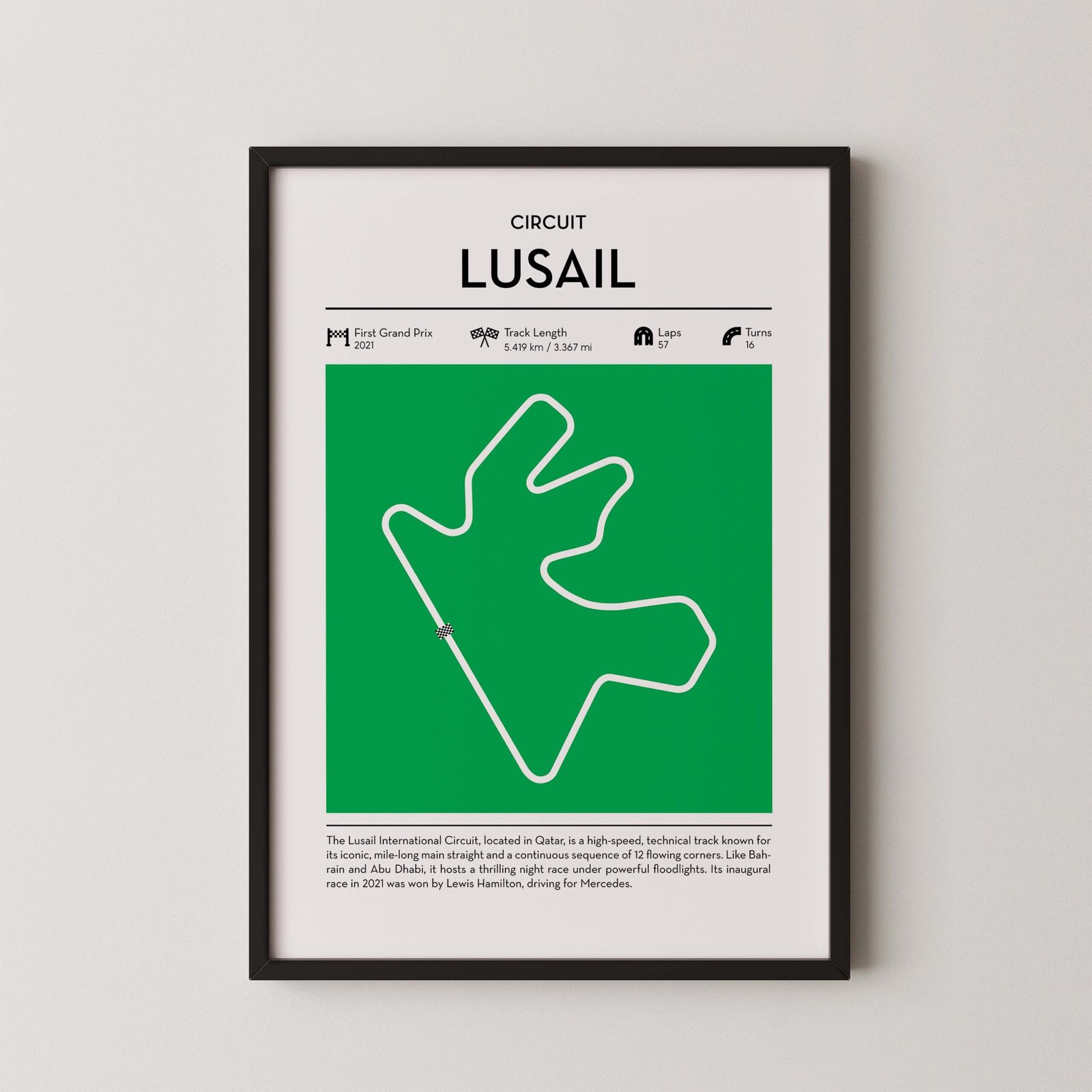 Green Qatar Grand Prix Formula 1 track map artwork designed for racing and motorsport enthusiasts