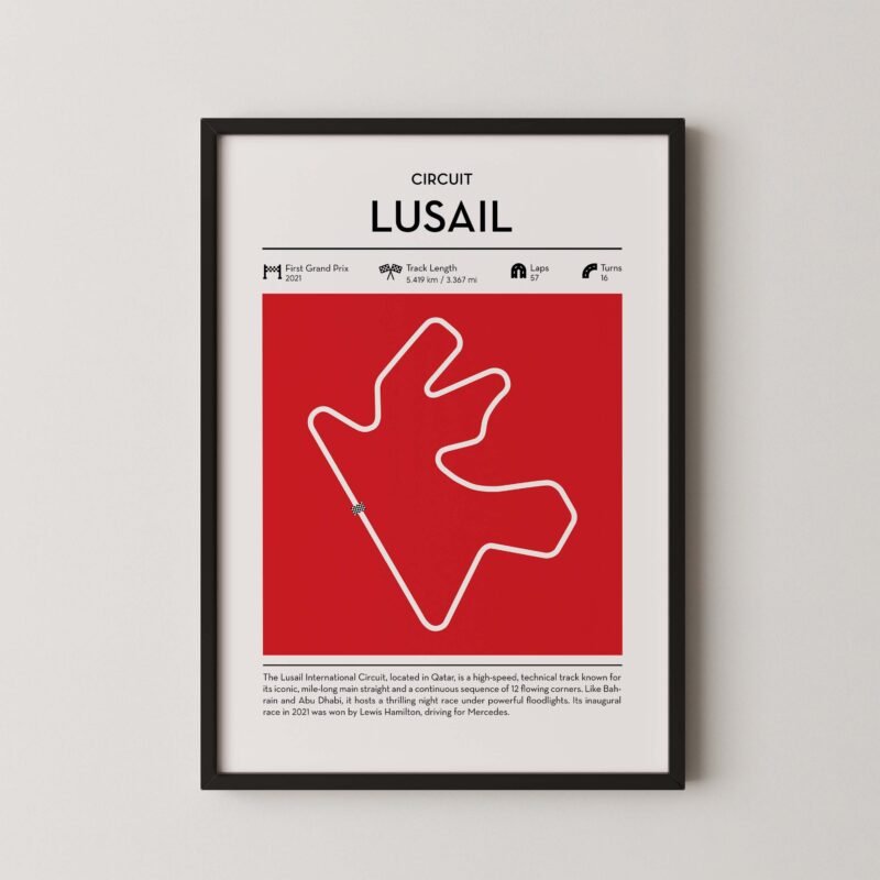 Lusail Formula 1 circuit map poster in red color minimalist racing wall art
