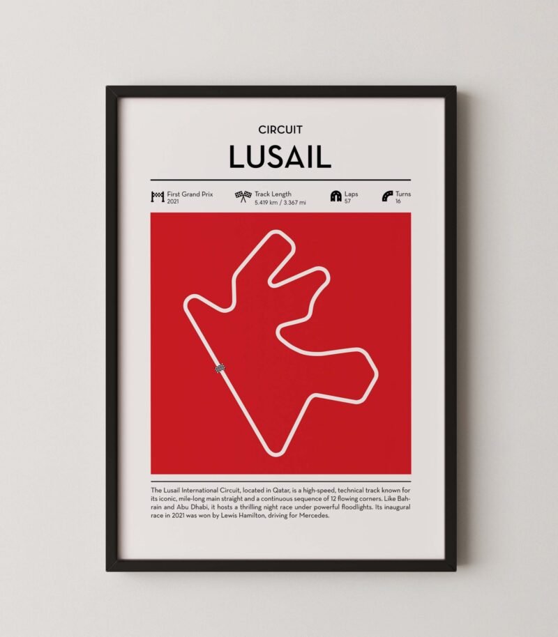 Lusail Formula 1 circuit map poster in red color minimalist racing wall art