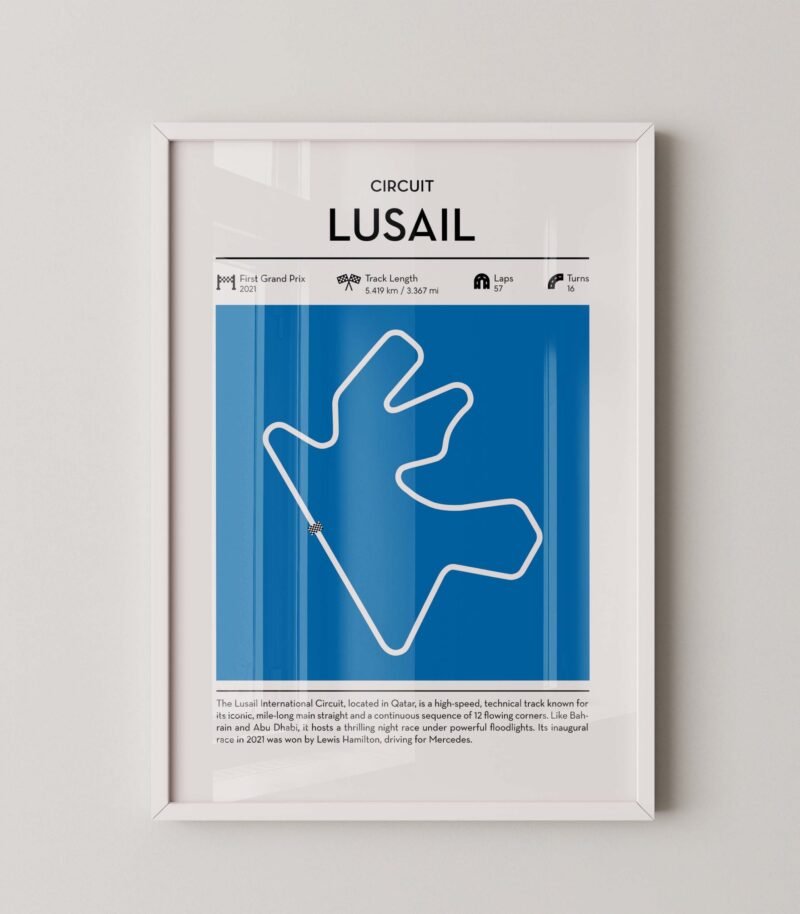Lusail racing circuit wall art featuring a clean and modern F1 track map layout