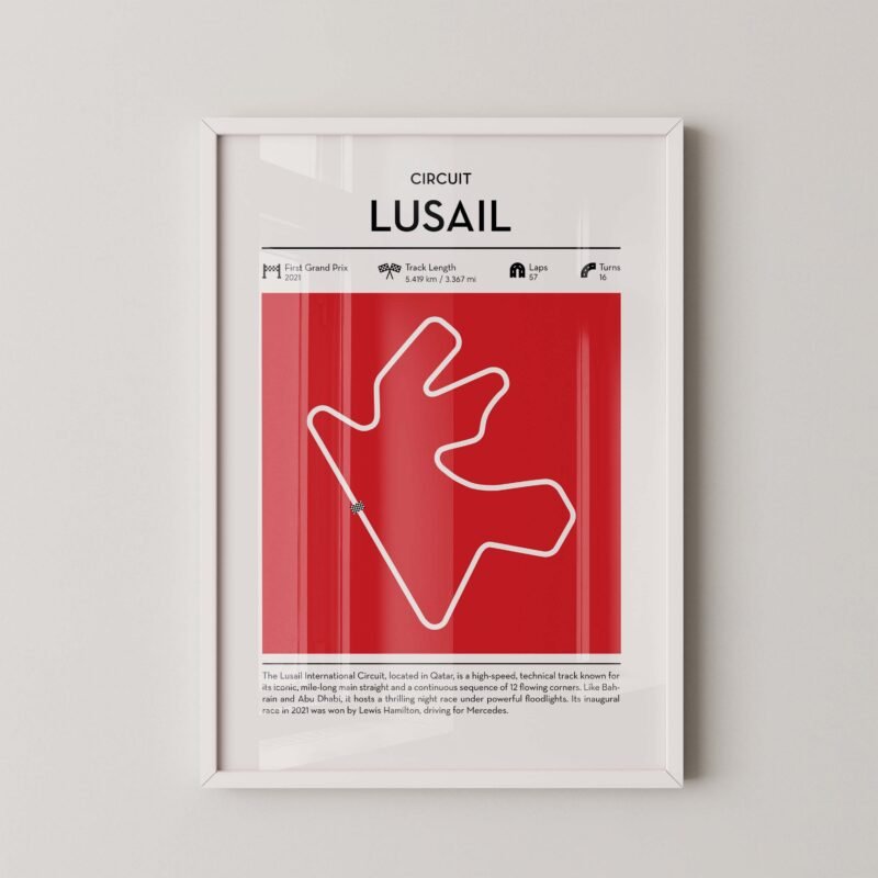 Lusail Formula 1 circuit map poster in red color minimalist racing wall art
