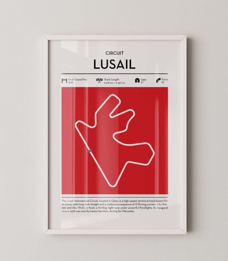 Lusail Formula 1 circuit map poster in red color minimalist racing wall art