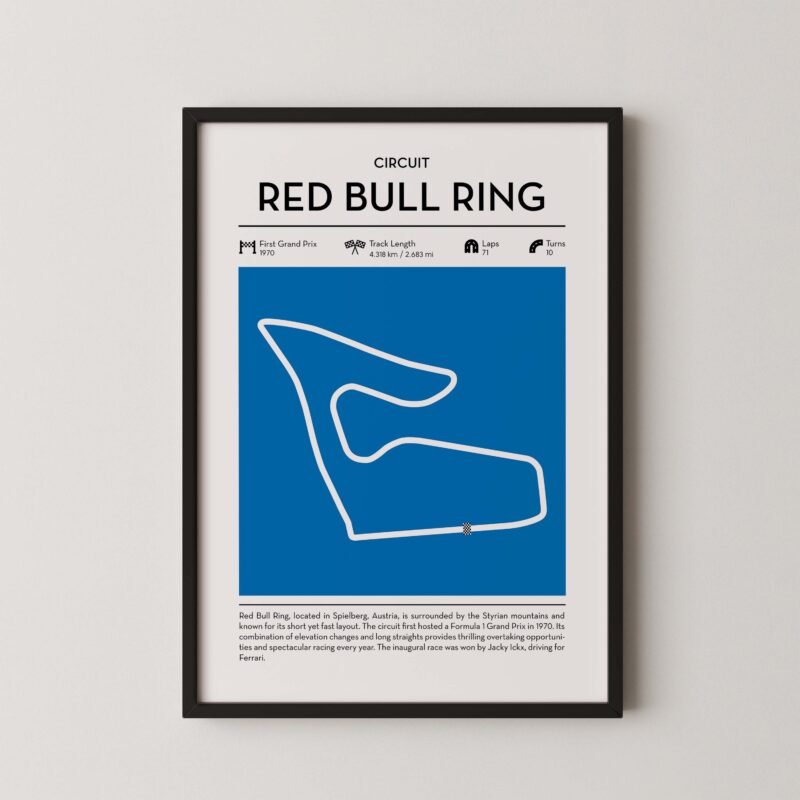 red bull ring racing circuit wall art featuring a clean and modern F1 track map layout