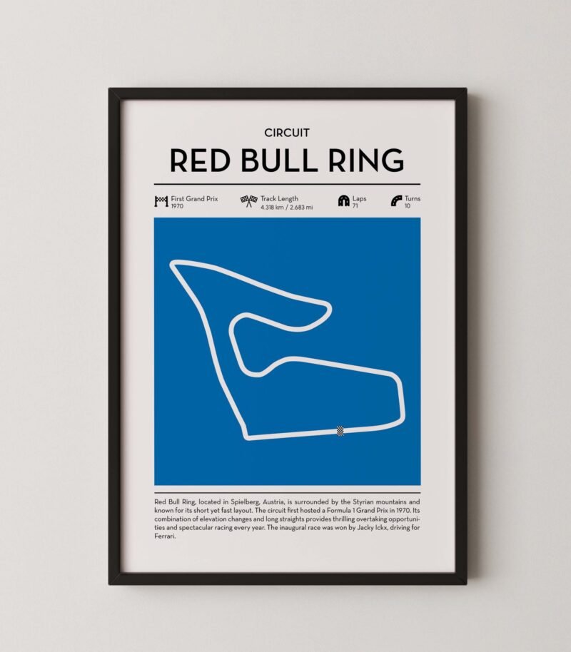 red bull ring racing circuit wall art featuring a clean and modern F1 track map layout