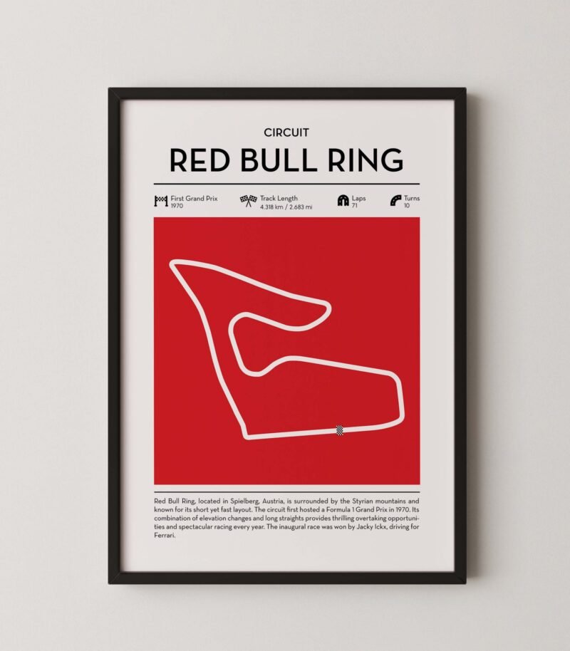 red bull ring Formula 1 circuit map poster in red color minimalist racing wall art