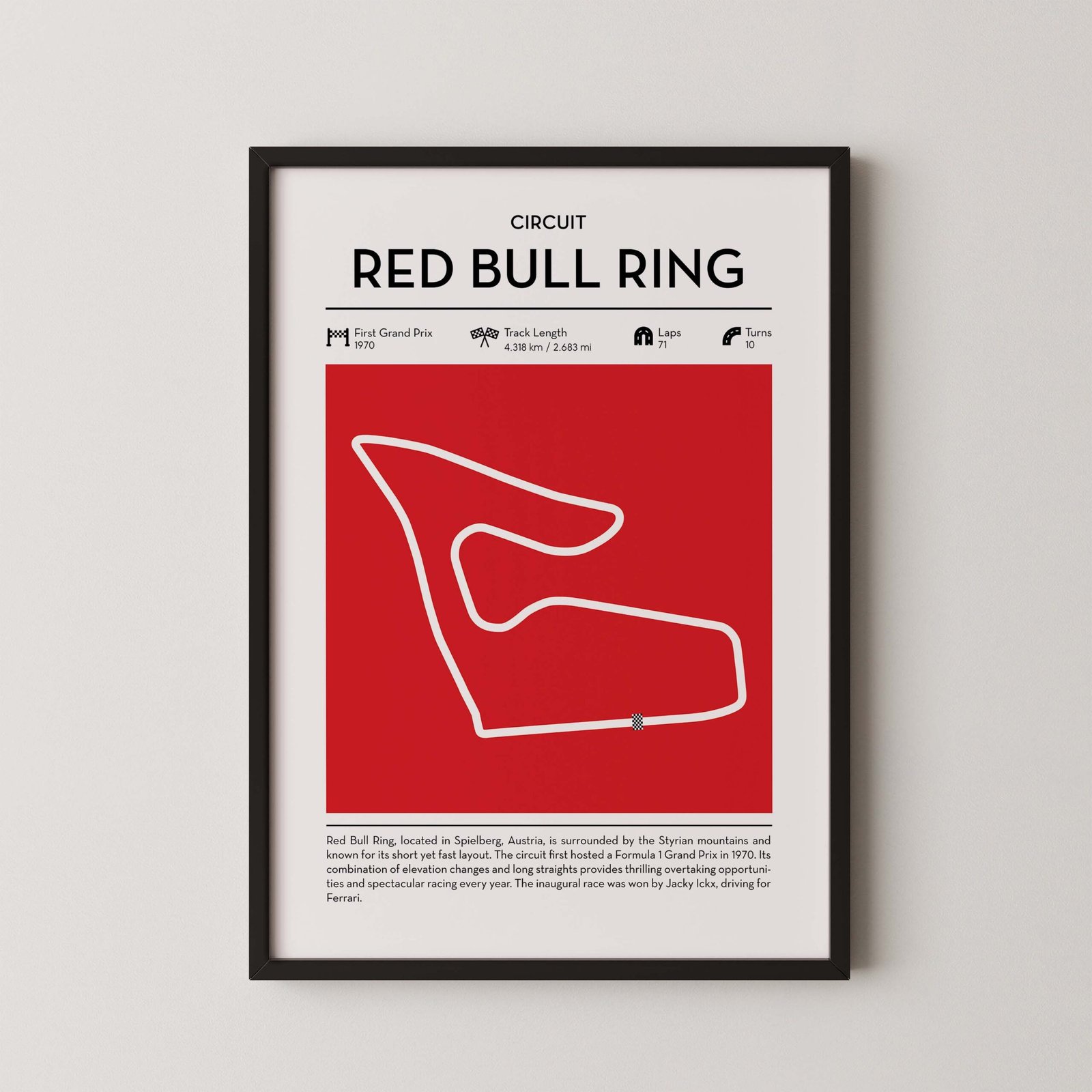 red bull ring Formula 1 circuit map poster in red color minimalist racing wall art