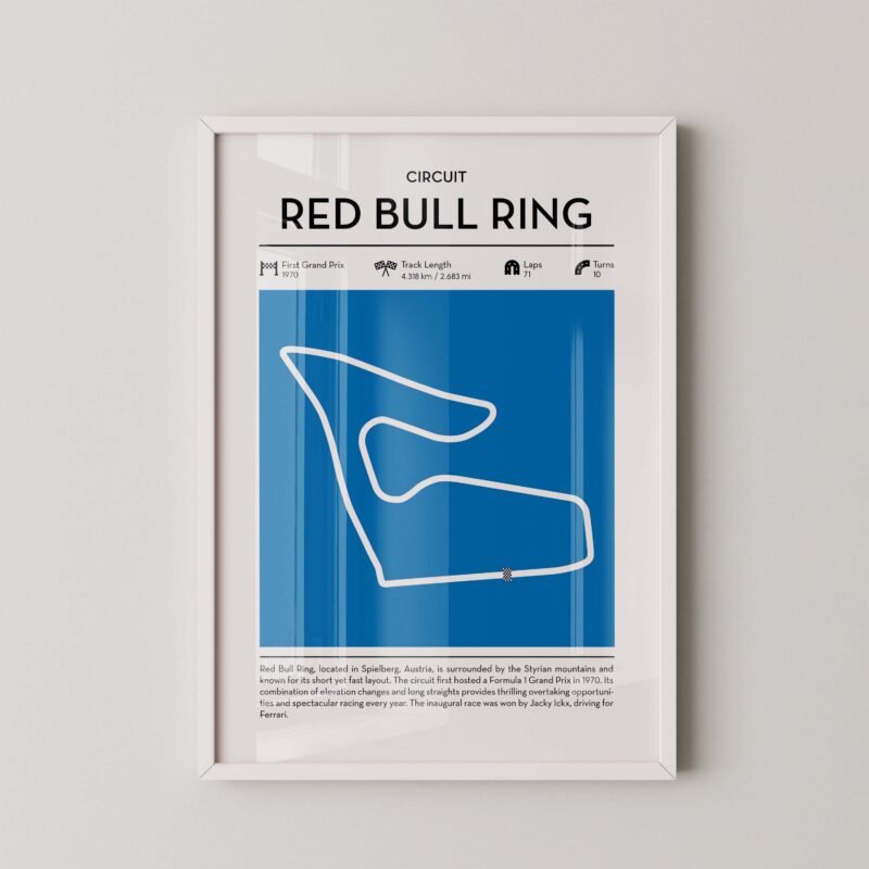 red bull ring racing circuit wall art featuring a clean and modern F1 track map layout