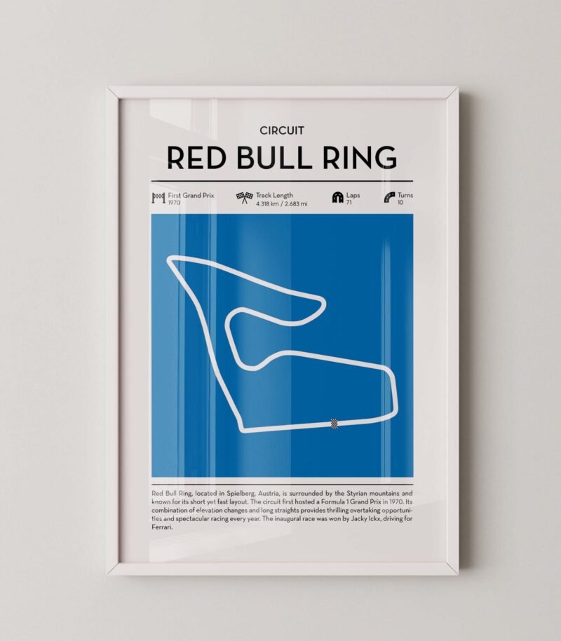 red bull ring racing circuit wall art featuring a clean and modern F1 track map layout