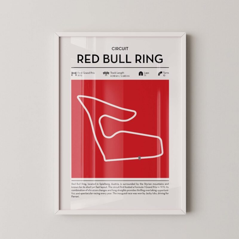 red bull ring Formula 1 circuit map poster in red color minimalist racing wall art
