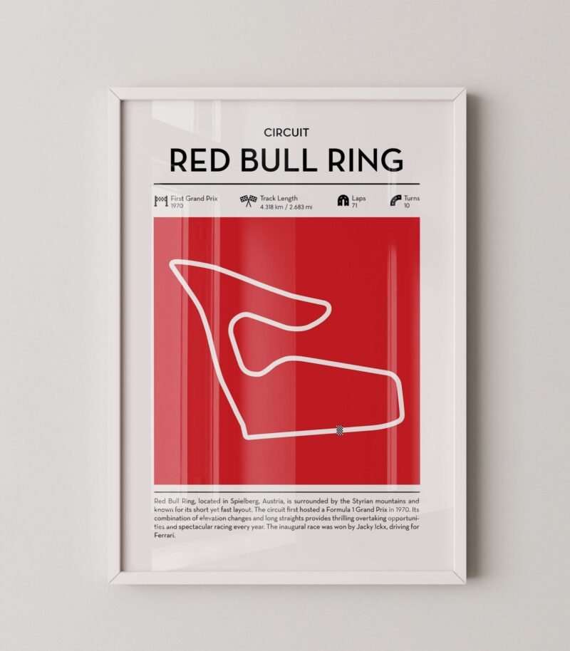 red bull ring Formula 1 circuit map poster in red color minimalist racing wall art