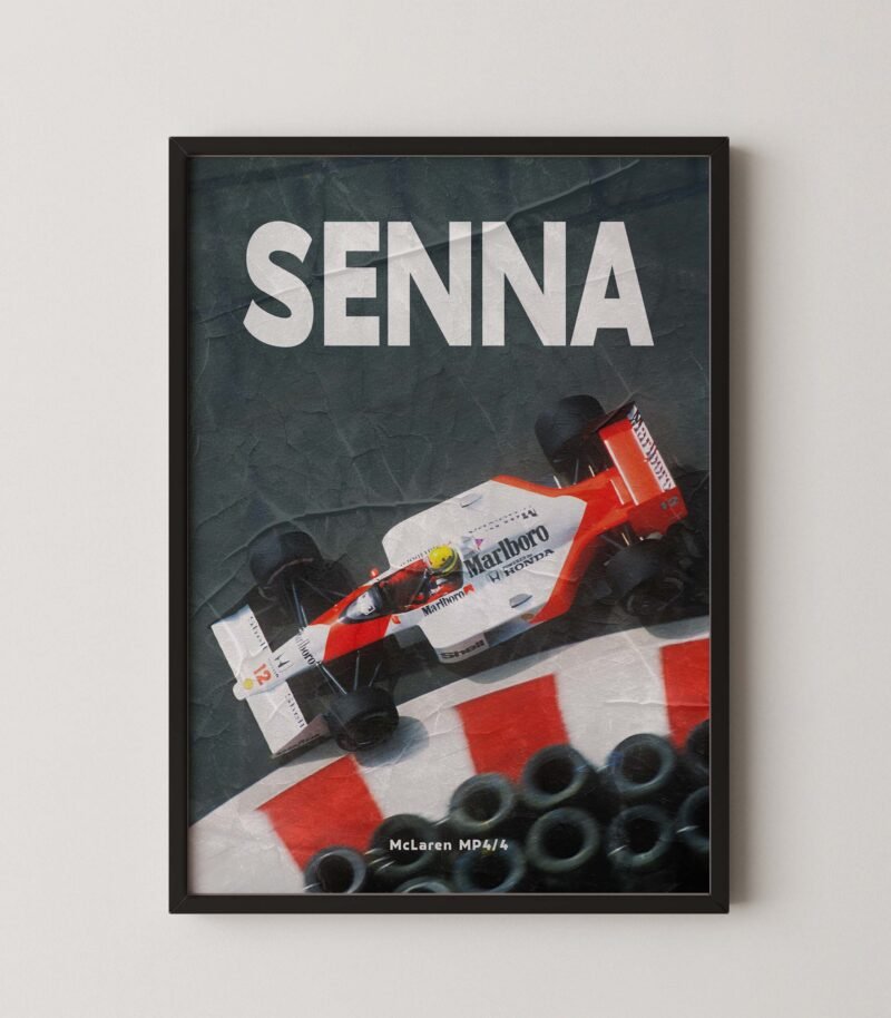 Ayrton Senna magazine-style poster featuring vintage motorsport aesthetics and editorial-inspired design.