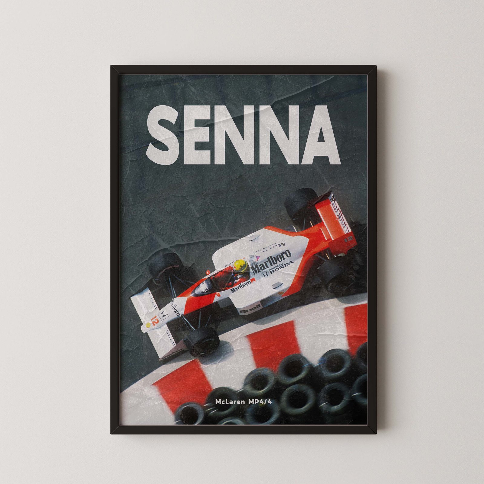 Ayrton Senna magazine-style poster featuring vintage motorsport aesthetics and editorial-inspired design.