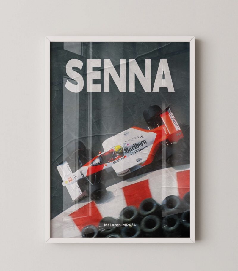 Ayrton Senna magazine-style poster featuring vintage motorsport aesthetics and editorial-inspired design.