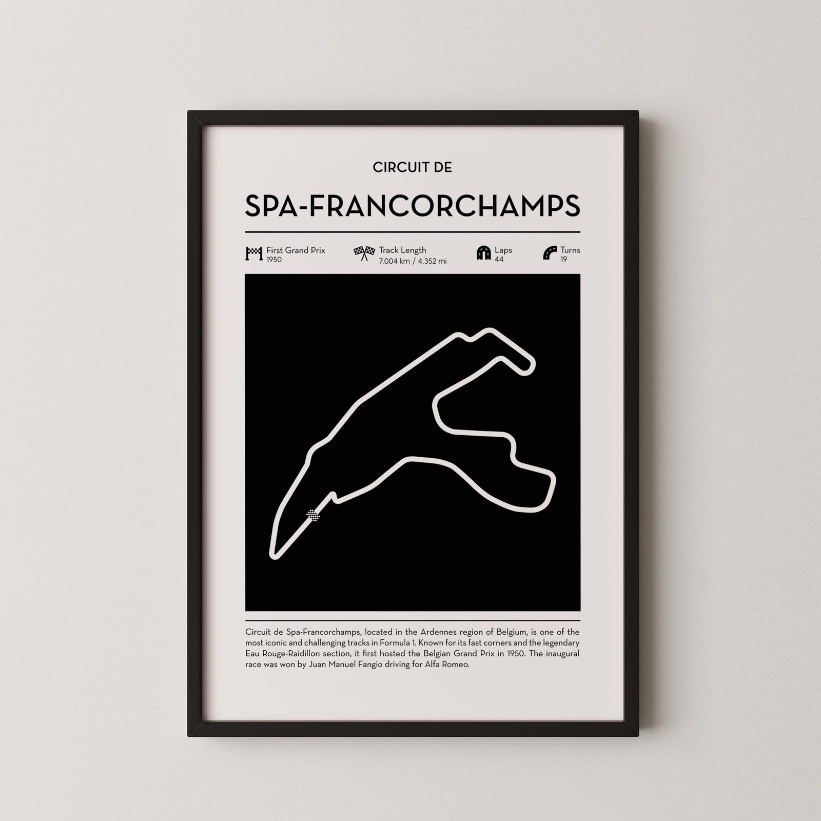 Minimal Spa Francorchamps F1 track layout poster for motorsport and racing fans