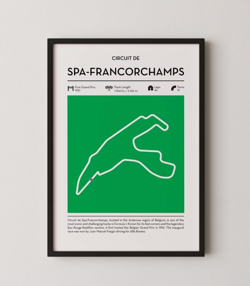 Green Spa Francorchamps Formula 1 track map artwork designed for racing and motorsport enthusiasts
